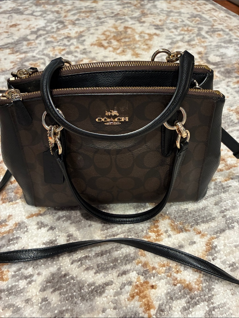 Coach Brown Signature Canvas Satchel with Black Handles and Gold Hardware